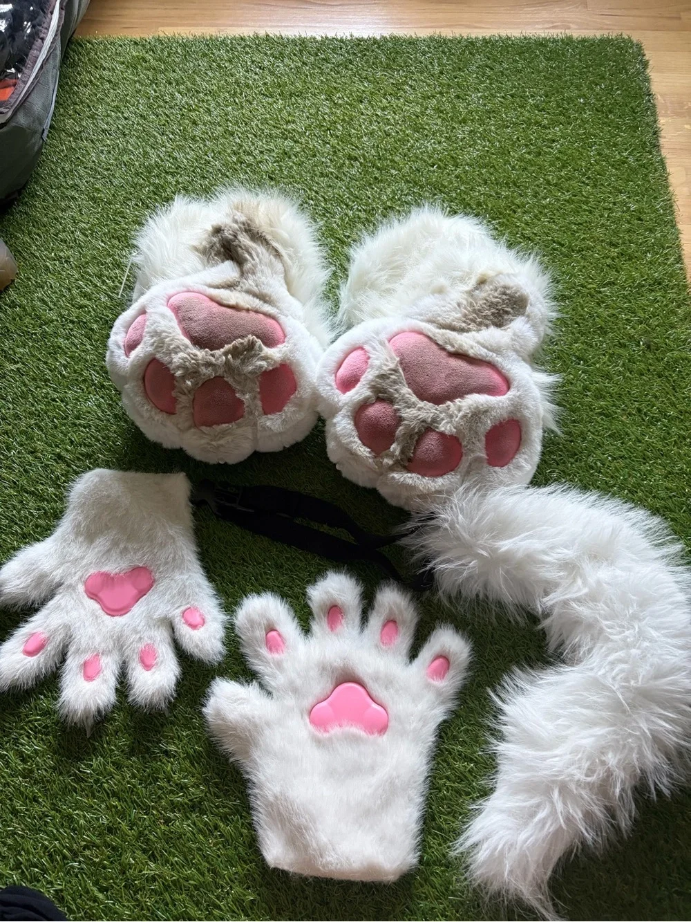 White Faux Fur Monster Paw Costume Set - Gloves, Paws & Tail